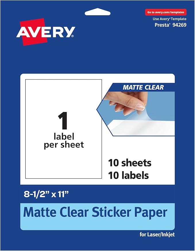 Avery Matte Clear Rectangle Sticker Sheets, 8.5" x 11", 10 Matte Clear Labels, Laser/Inkjet Printable Labels