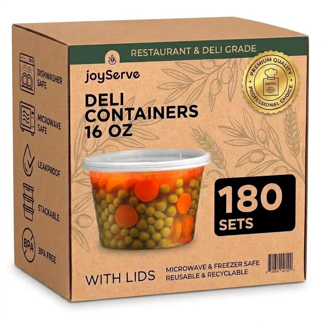JoyServe 16 oz Deli Containers with Lids – 180 Sets (180 Containers + 180 Lids) – Leakproof, Stackable, Microwave & Freezer Safe – Bulk Food Storage for Restaurant, Deli, Catering, Soup & Meal Prep