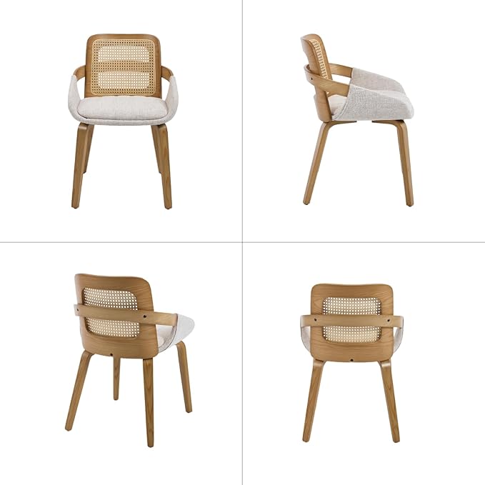 DUOMAY Modern Linen Dining Chairs Set of 2, Cane Back Room Chairs with Solid Wood Legs Kitchen Chairs for Living Room, Restaurant, Beige