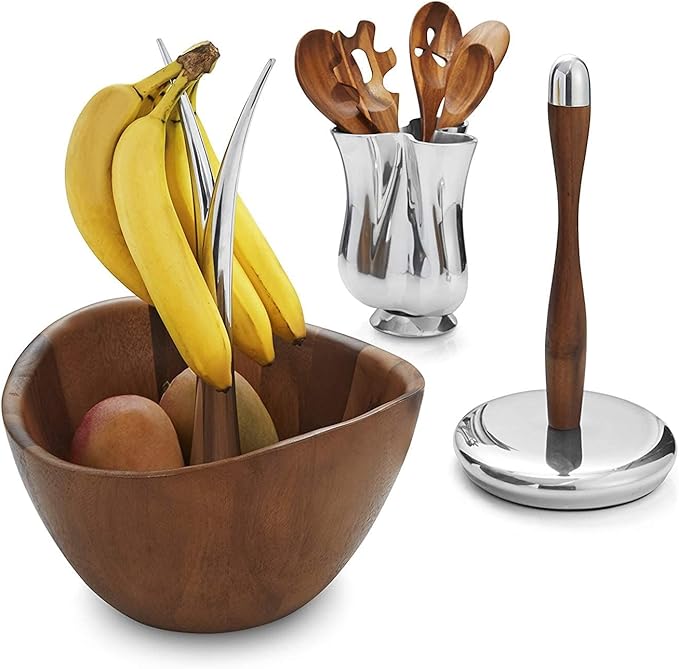 Nambe Fruit Tree Bowl – 12” Acacia Wood & Alloy Decorative Centerpiece, Modern Sculptural Fruit Display for Kitchen & Dining Table – Wide Stylish Tabletop Serveware for Home & Office