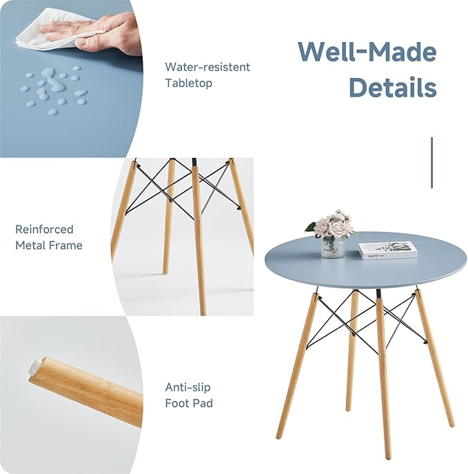 Round Dining Table Set for 4 31.5" Wood Dinner Table Circle Dining Table Kitchen Table Chairs Set of 4 with Wood Strip Base for Kitchen Living Room Space Saving Apartment(Blue)