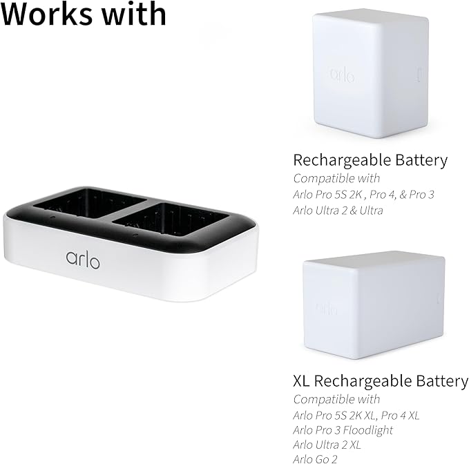 Arlo Dual Charging Station Certified Accessory - Charge up to Two Batteries, Works Rechargeable Batteries (VMA5400) XL Rechargeable Batteries (VMA5420) Only - VMA5400C