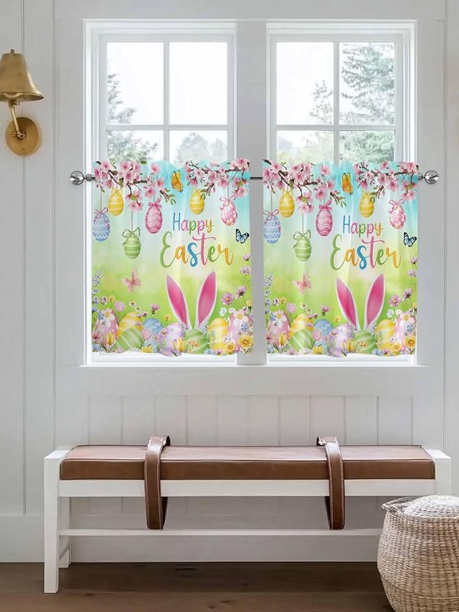 Easter Half Window Curtain 36 Inches Long, Spring Bunny Colorful Rabbit Eggs