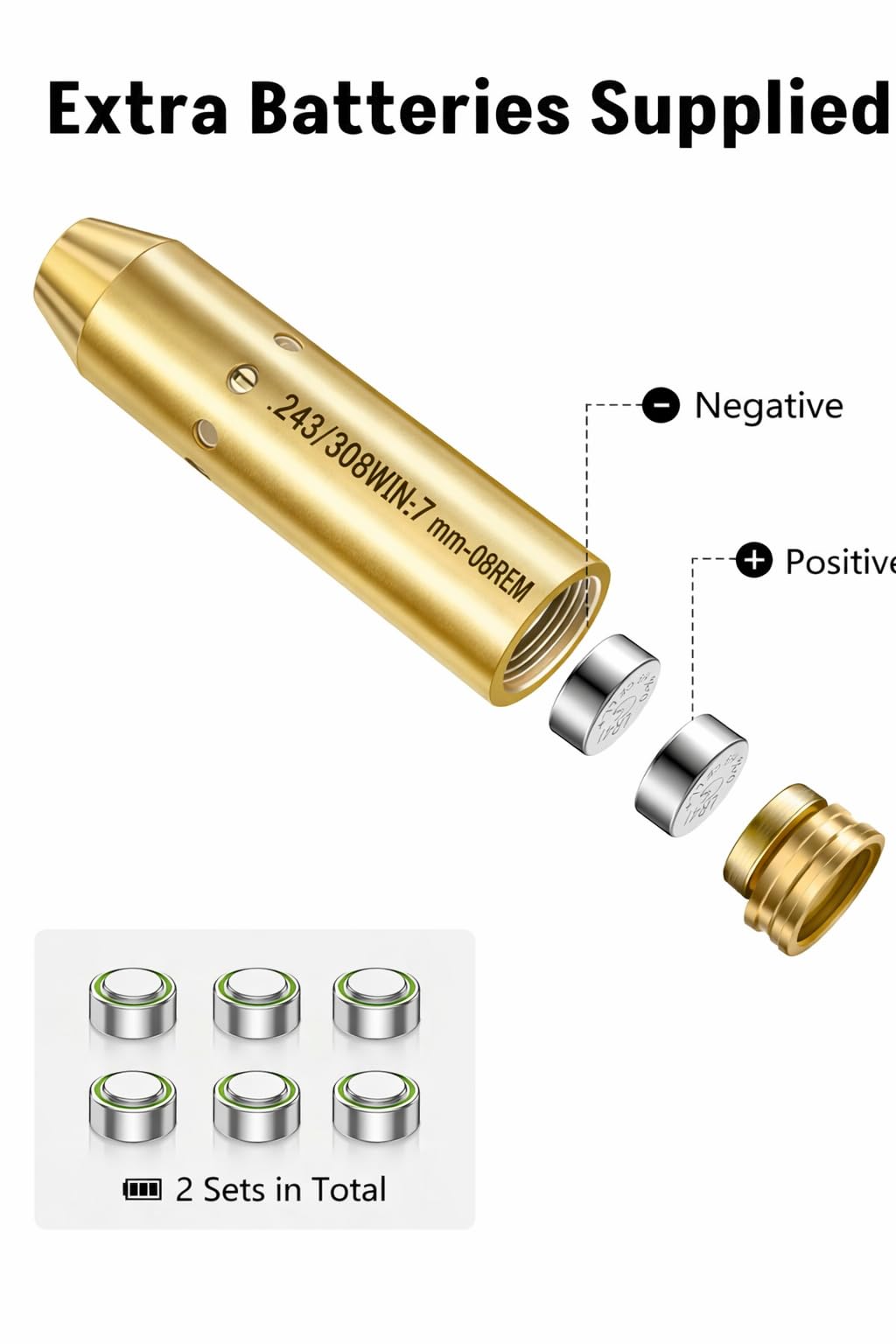 GOTICAL 308 or 30-06 Bore Sight Laser Red Dot in-Chamber Cartridge, Laser Will Display a 2” dot at 100 Yards, Designed for Fast Gun zeroing and Sighting, SIX Batteries are Included