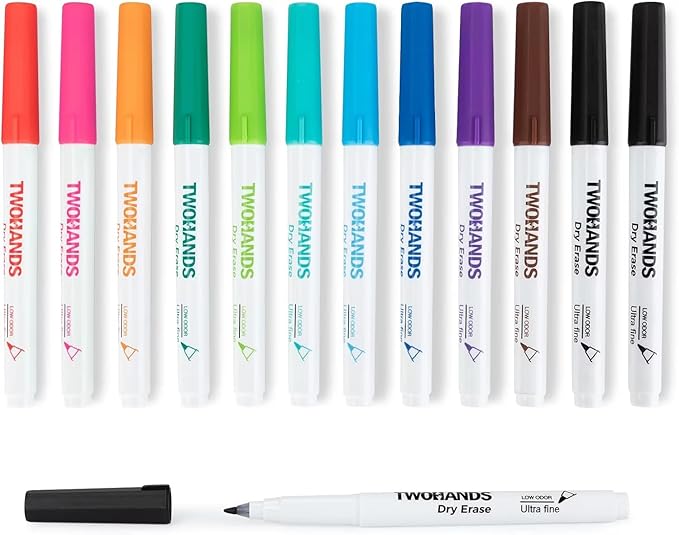TWOHANDS Dry Erase Markers Ultra Fine Tip,0.7mm,Low Odor,Extra Fine Point,11 Assorted Colors,Whiteboard Markers for Office,Home,or Planning Whiteboard,12 Count,20529
