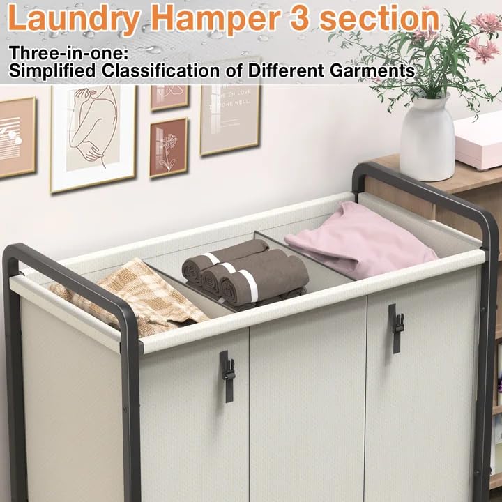 60 Gal (230L) Laundry Sorter 3 Section with Lid, Laundry Hamper Cart with Heavy Duty Rolling Lockable Wheels and Metal Handle,Laundry Basket Organizer with Removable Bag for Laundry Room - White