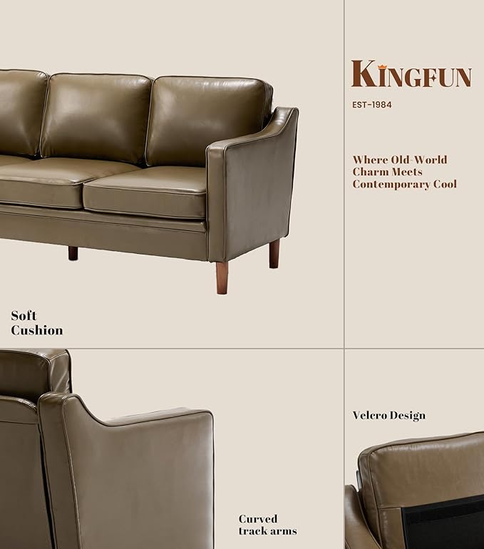 Kingfun 80" Faux Leather Sofa, 3 Seater Couch, Mid Century Modern Couch with Solid Wood Frame for Living Room & Bedroom, Olive Green