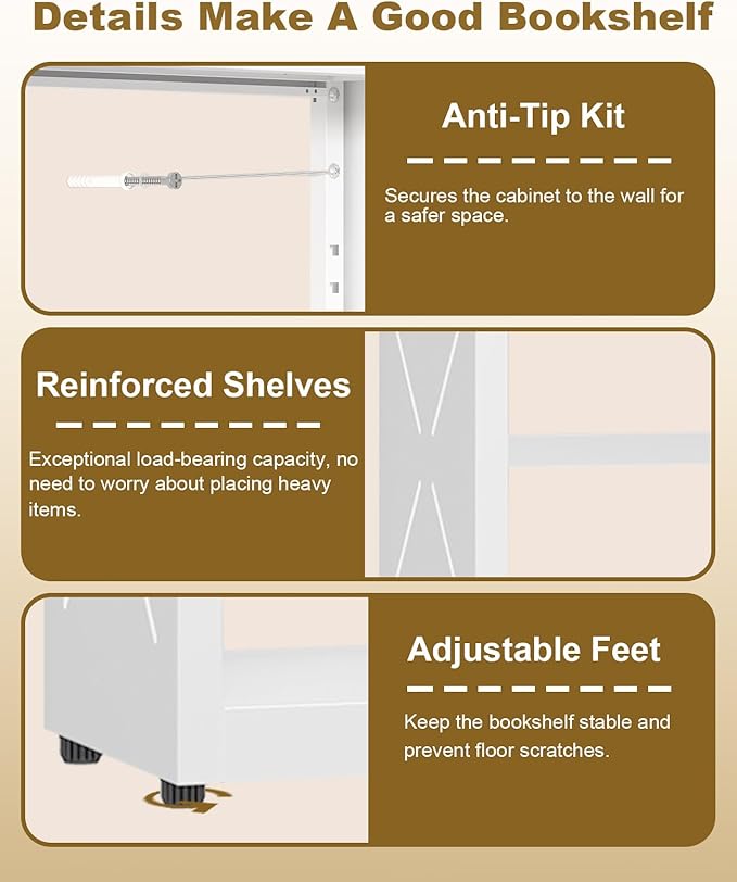 3 Tier Bookshelf, Adjustable Metal Bookcase with Anti-Tip Kit & Leveling Feet, Heavy-Duty Metal Storage Organizer, Modern Corner Shelves for Living Room, Kitchen, Office