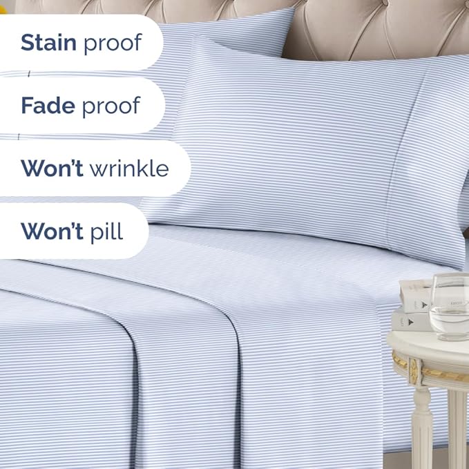 Light Blue and White Striped Sheets - 1 Flat & 1 Fitted Sheet & 2 Pillowcases w/ Deep Pockets - Wrinkle & Fade Resistant - Ultra-Soft, Breathable & Cooling - Luxury Pinstripe Bedding - King Size