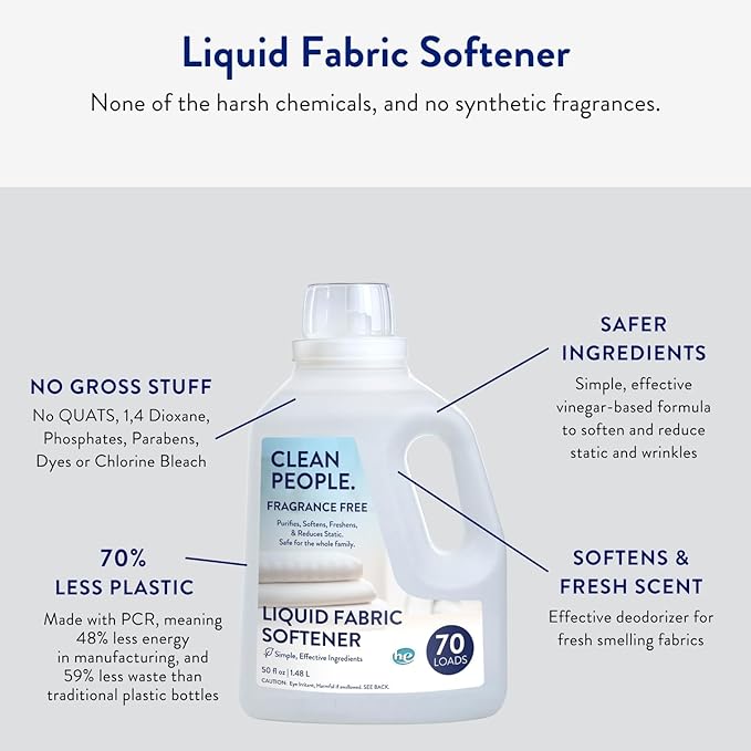 The Clean People Liquid Fabric Softener - Softens & Removes Static Cling - Vegan (50 Fl Oz, Fragrance Free)