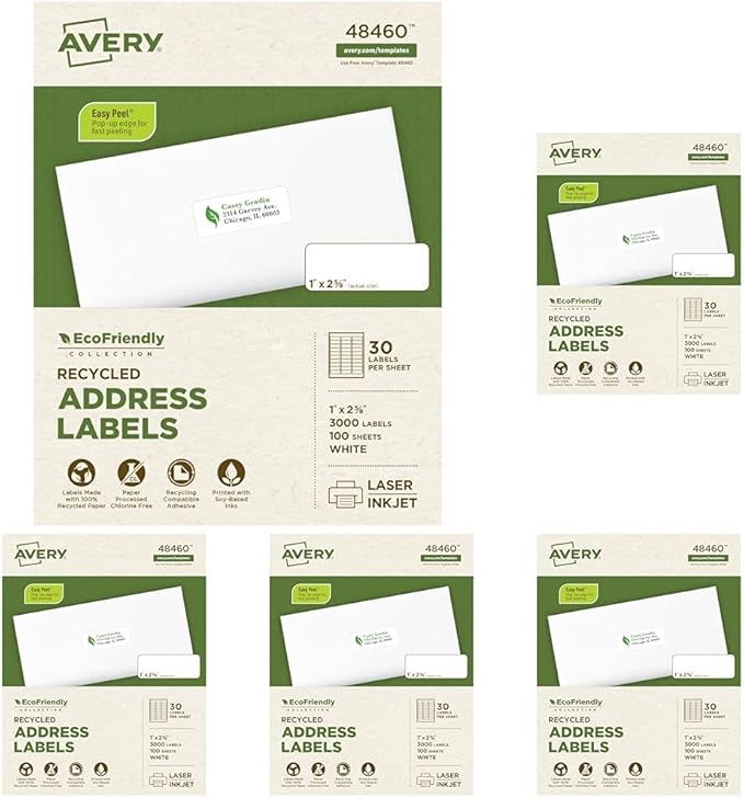 Avery EcoFriendly Recycled Address Labels, 1" x 2-5/8", White, Permanent Label Adhesive, 3,000 Printable Labels (48460) (Pack of 5)