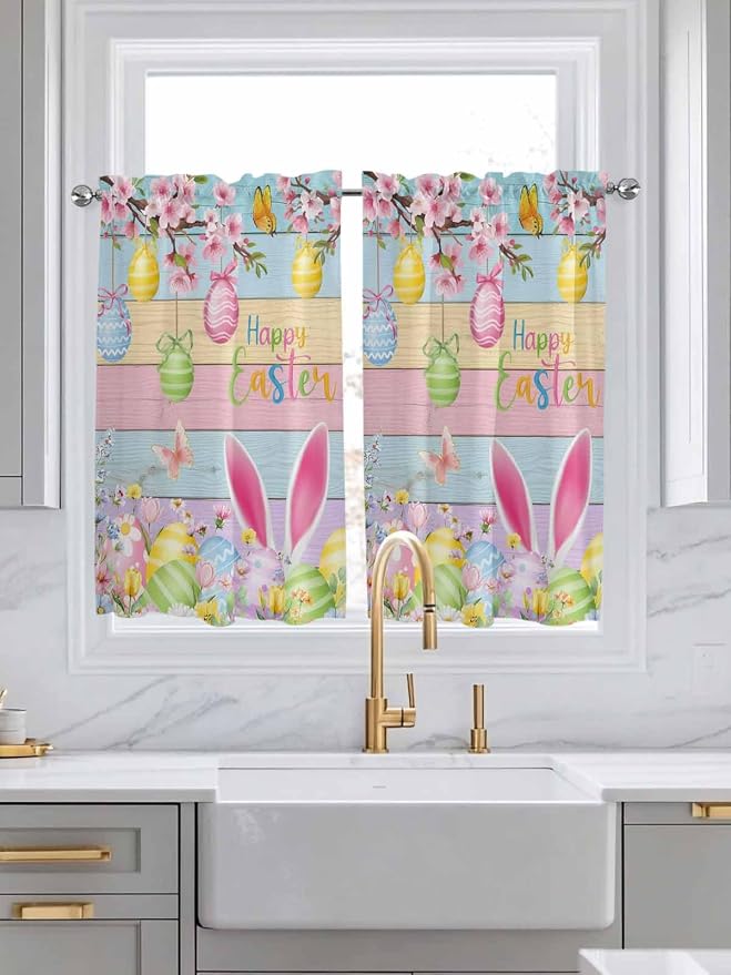 Colorful Easter Tier Curtains 45 Inches Long, Spring Watercolor Bunny Egg