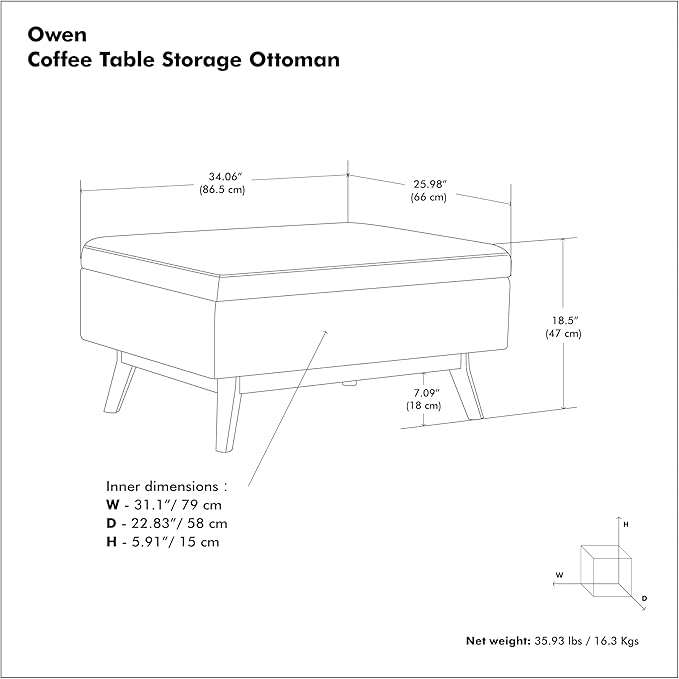 SIMPLIHOME Owen Coffee Table Storage Ottoman - 34 inch Wide Upholstered Vegan Leather Rectangular Lift-Top Ottoman in Distressed Chestnut Brown, Mid-Century Bench for Living Room with Tapered Legs