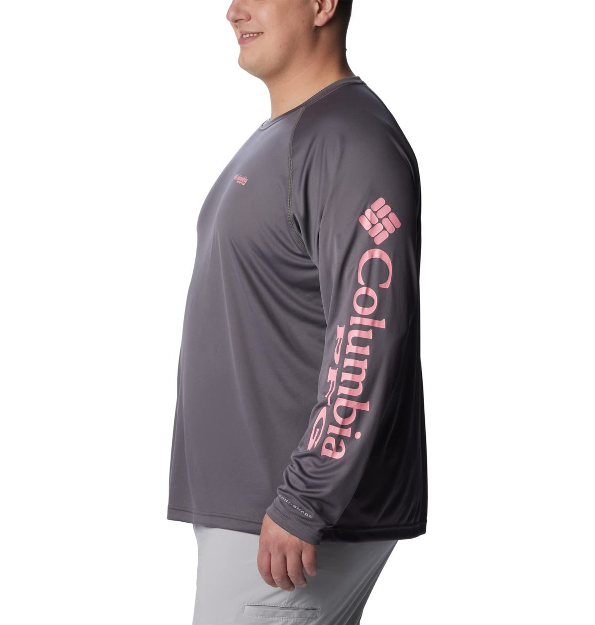 Columbia Men's Terminal Tackle Long Sleeve Fishing Shirt, City Grey/Pink Pop Logo, Medium