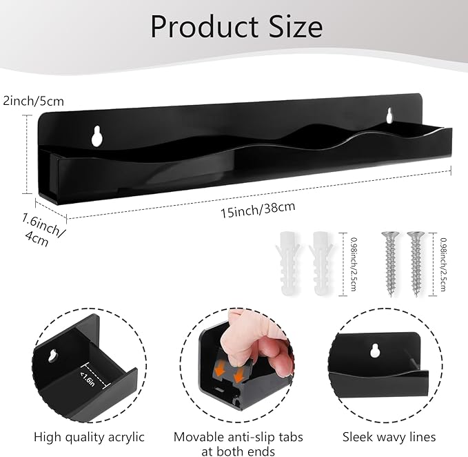 6 Pack Wall Mounted Acrylic Nail Polish Organizer Rack 15 Inch Black Nail Polish Shelf with Removable Ends Multi-Purpose Shelf for Essential Oils Cosmetics Storage Display for Salon Bathroom