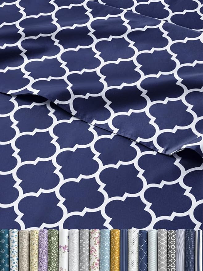 Blue Geometric Bed Sheets - 1 Flat & 1 Fitted Sheet & 2 Pillowcases w/ Deep Pockets – Wrinkle & Fade Free- Ultra-Soft, Breathable & Cooling - Luxury Moroccan Bed Set – Cal King Size - Navy Quatrefoil