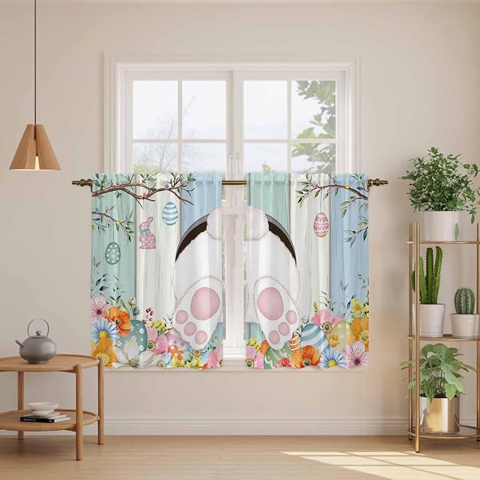 Easter Kitchen Tier Curtains 45 Inch Long 2 Panel Set, Rod Pocket Short Window