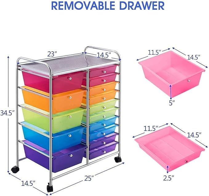 COSTWAY 15 Drawer Rolling Storage Cart, Mobile Utility Cart with Lockable Wheels, Drawers, Multipurpose Organizer Cart for Home, Office, School, Rainbow