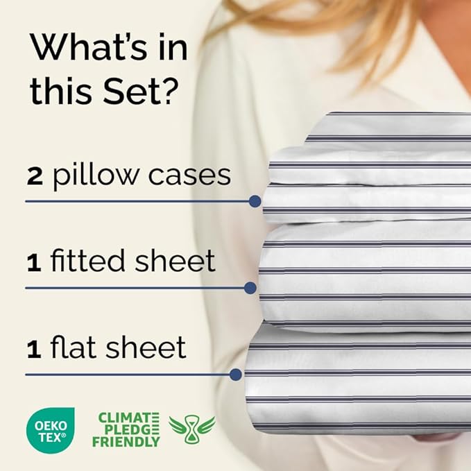 Blue and White Striped Sheets - 1 Flat & 1 Fitted Sheet & 2 Pillowcases w/ Deep Pockets - Cozy, Wrinkle & Fade Resistant - Ultra-Soft, Breathable & Cooling - Luxury Pinstripe Bedding - Full Size