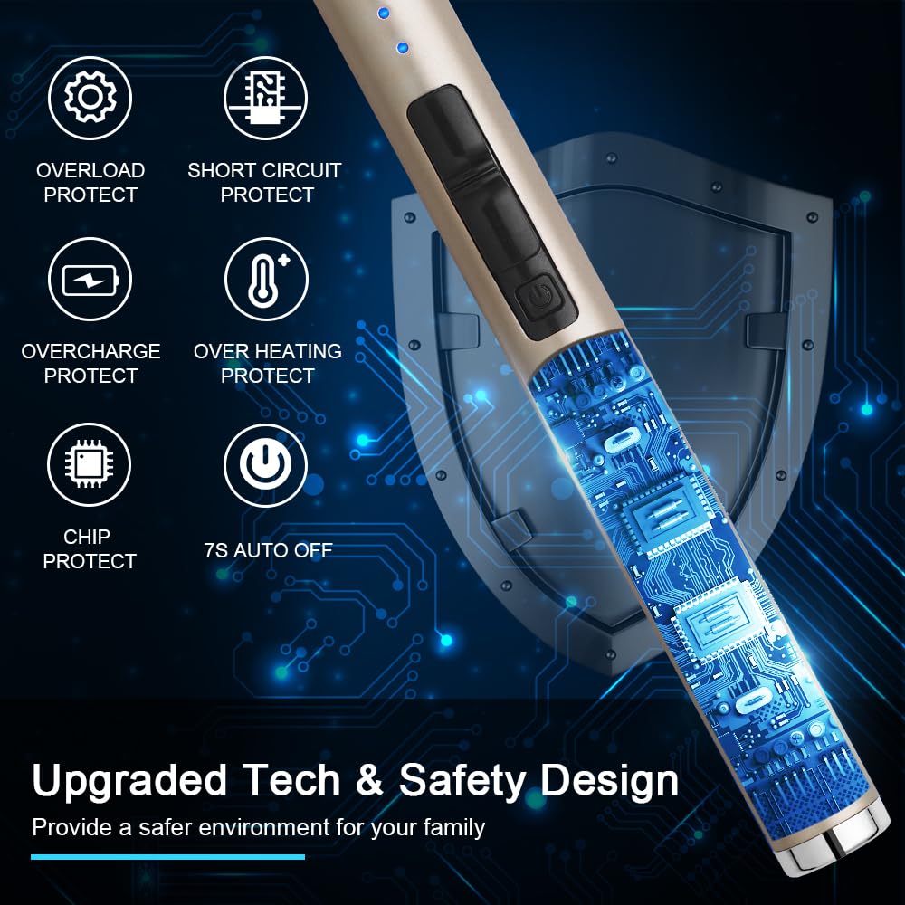 SUPRUS Electric Lighter Candle Type C Rechargeable Lighter with Upgraded LED Battery Display Safety Switch Flameless Plasma Windproof for Candle Cooking BBQs Fireworks Gift(Champagne Gold)