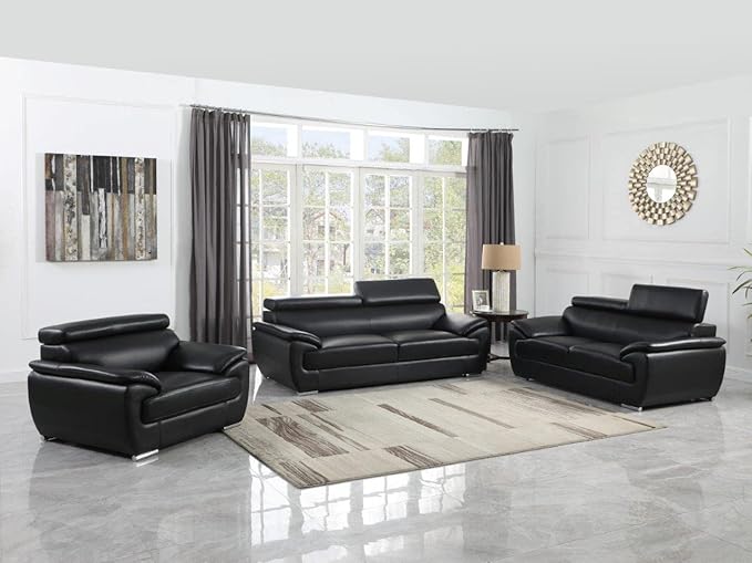 Blackjack Furniture 4571 Veal Collection Genuine Leather Couch for Living Room, Elegant Modern Design with Adjustable Headrests and Durable Wood Frame, Sofa, 86", Black