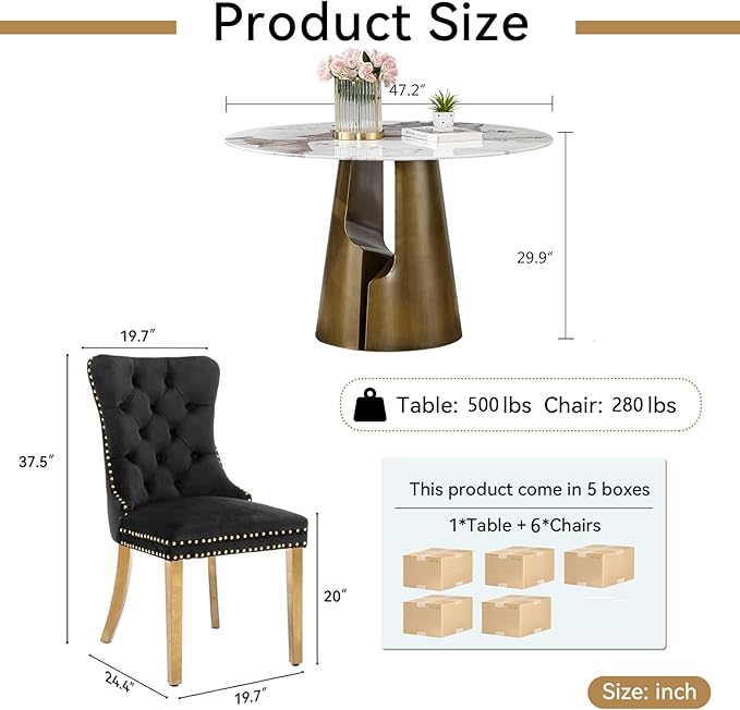 7-Piece Faux Marble Round Dining Table Set for 6, Modern Luxury Kitchen Table Set for 6 with Black Tufted Chairs,Circle Dining Tables with Pandora Grain Top and Bronze Pedestal Base