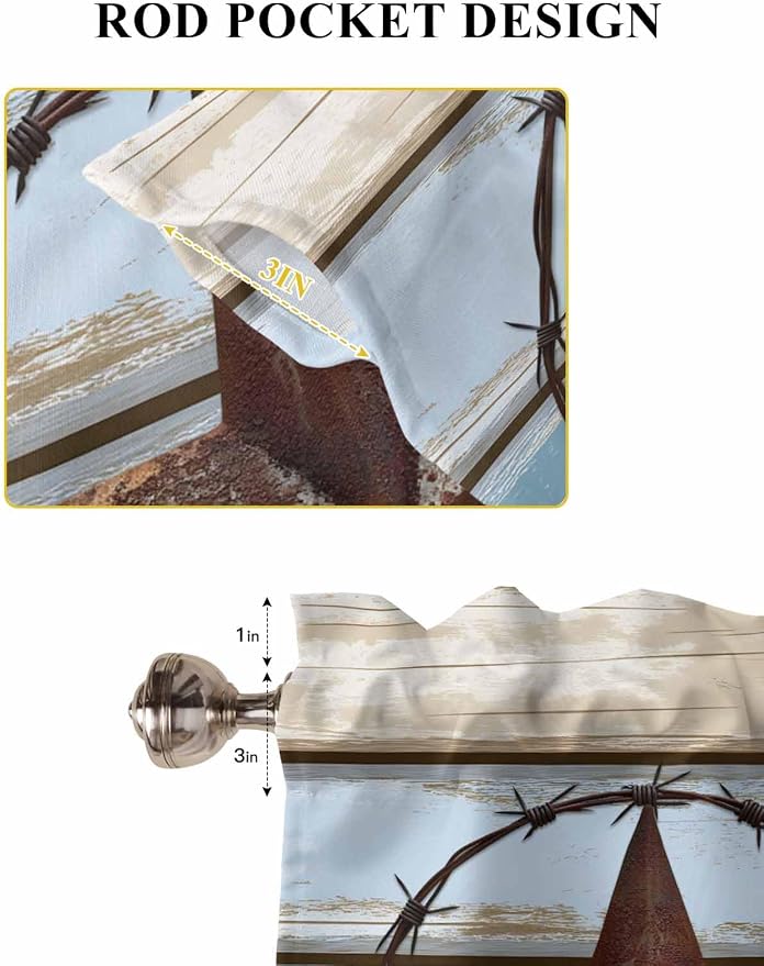 Vintage Western Star on Wood Grain Window Valance Curtains, Retro Wooden