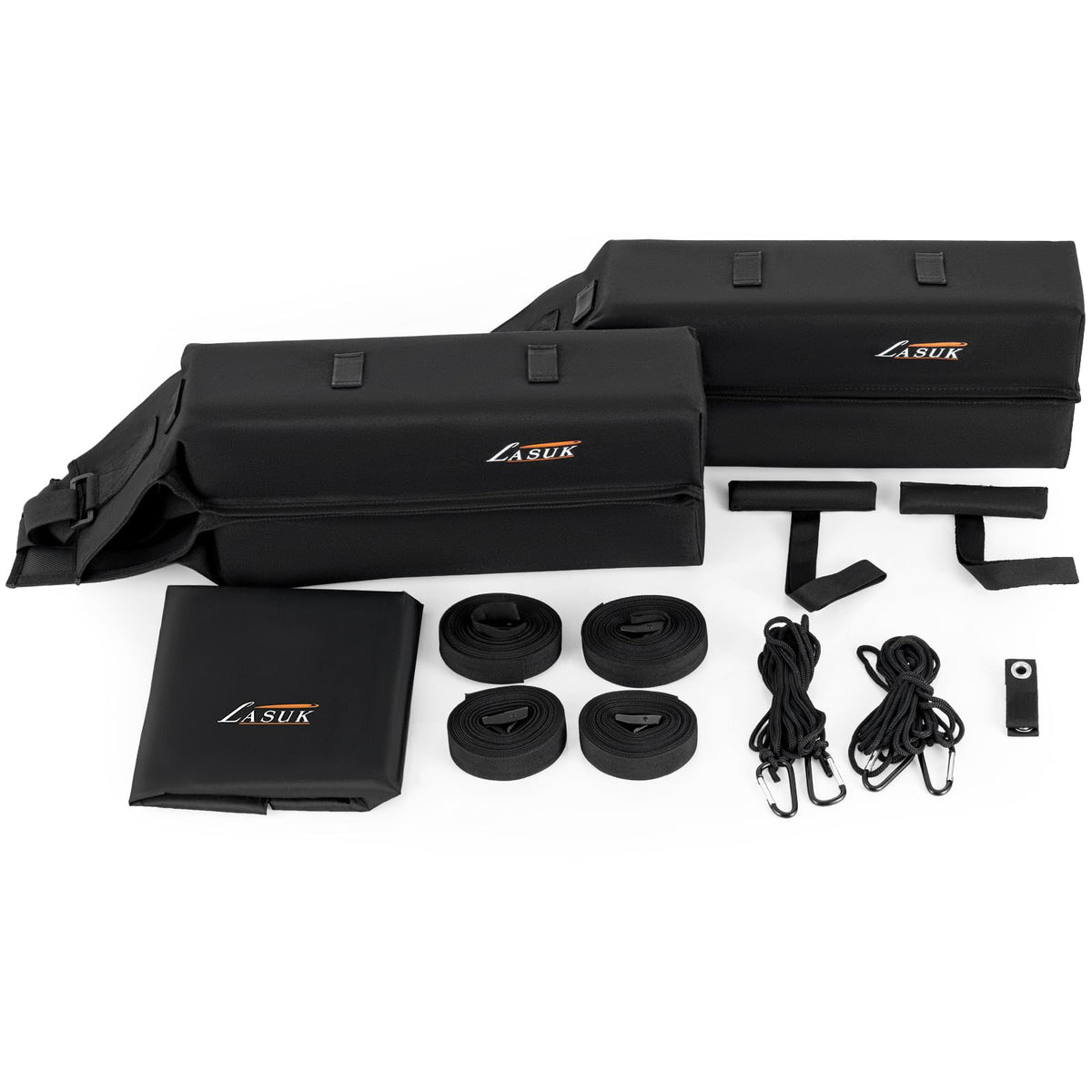 LASUK Universal Soft Roof Rack Pads for Kayak SUP Surfboard Snowboard Canoe, Heavy Duty Car Roof Rack System with 2 Tie Down Straps, 4 Quick Loop Straps, 2 Hood Loops, Tie Down Ropes and Storage Bag