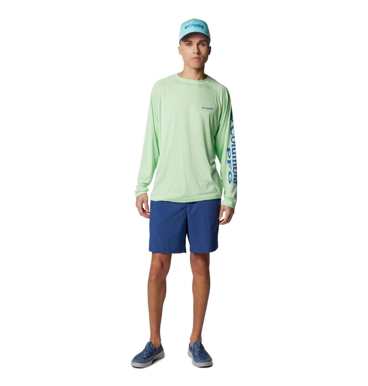 Columbia Men's PFG Terminal Tackle Long Sleeve Fishing Shirt, Key West/Vivid Blue Logo, 3X Tall