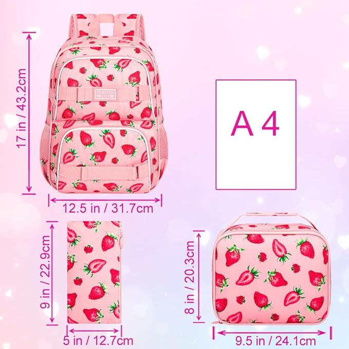 3PCS Backpack for Girls, 17" Water Resistant School Bag with Lunch Box, Cute Strawberry Bookbag Set for Women College Teenagers High Middle Elementary