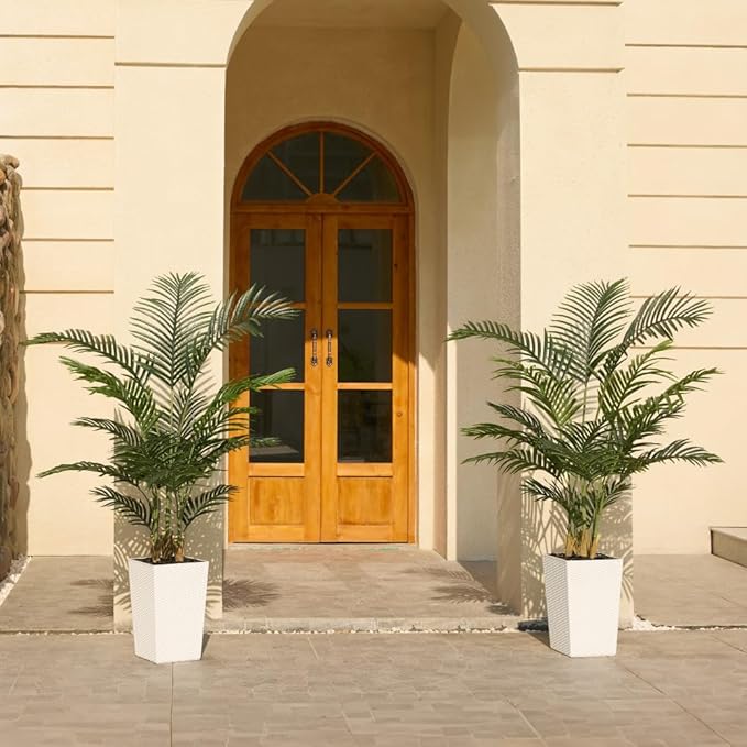 5FT Artificial Palm Tree - Tall Fake Tree with White Taper Planter & Pebbles, UV Resistant for Indoor & Outdoor Decor - Large Potted Faux Plant for Living Room, Office, Home Decor,VN130