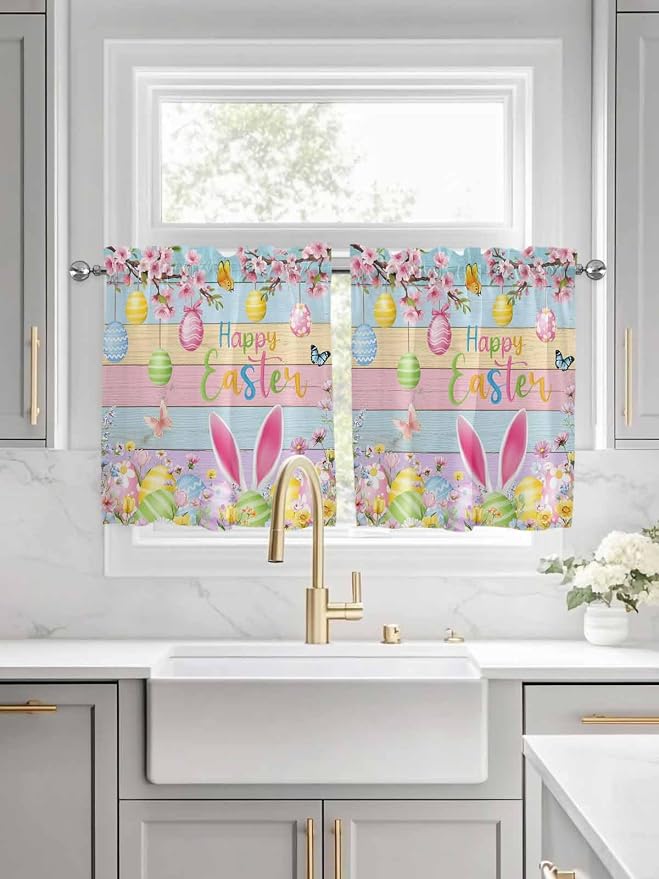 Colorful Easter Half Window Curtain 36 Inches Long, Spring Watercolor Bunny Egg