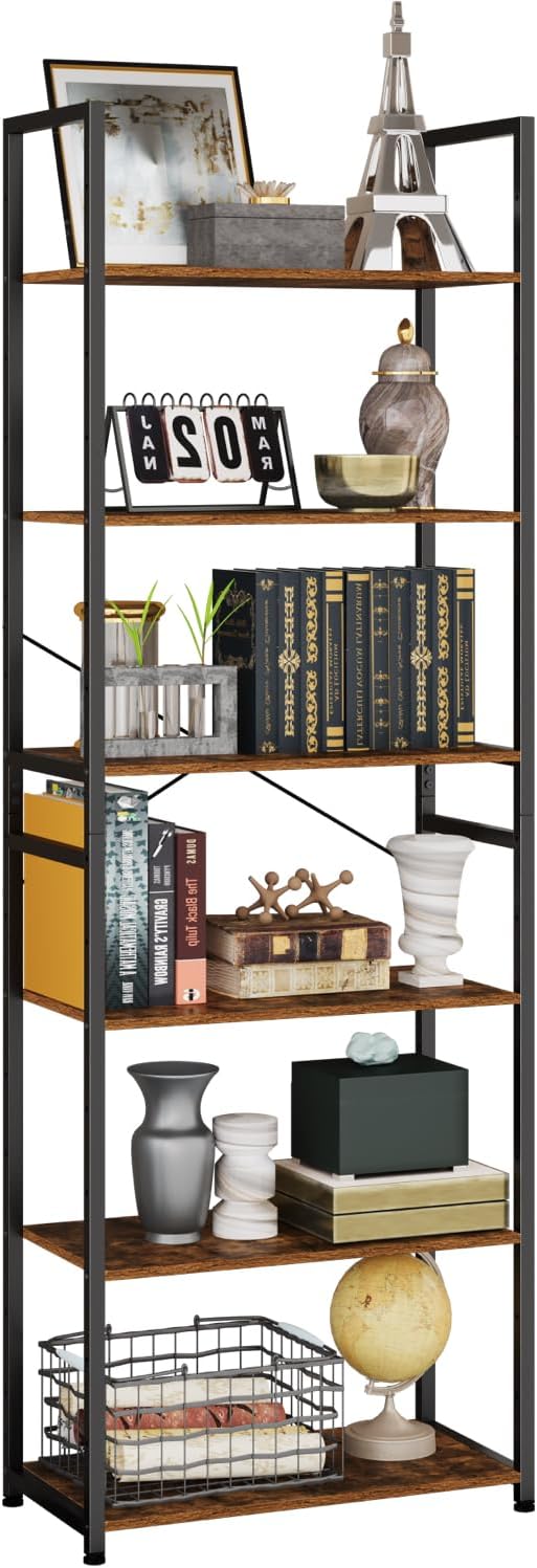 Book Shelf, Adjustable 6-Tier Tall Bookshelf, Wooden Bookcase Shelves for Bedroom, Living Room, Display Shelf for Home, Office, Kitchen, Standing Shelving Unit Storage Organizer BC-BR-6