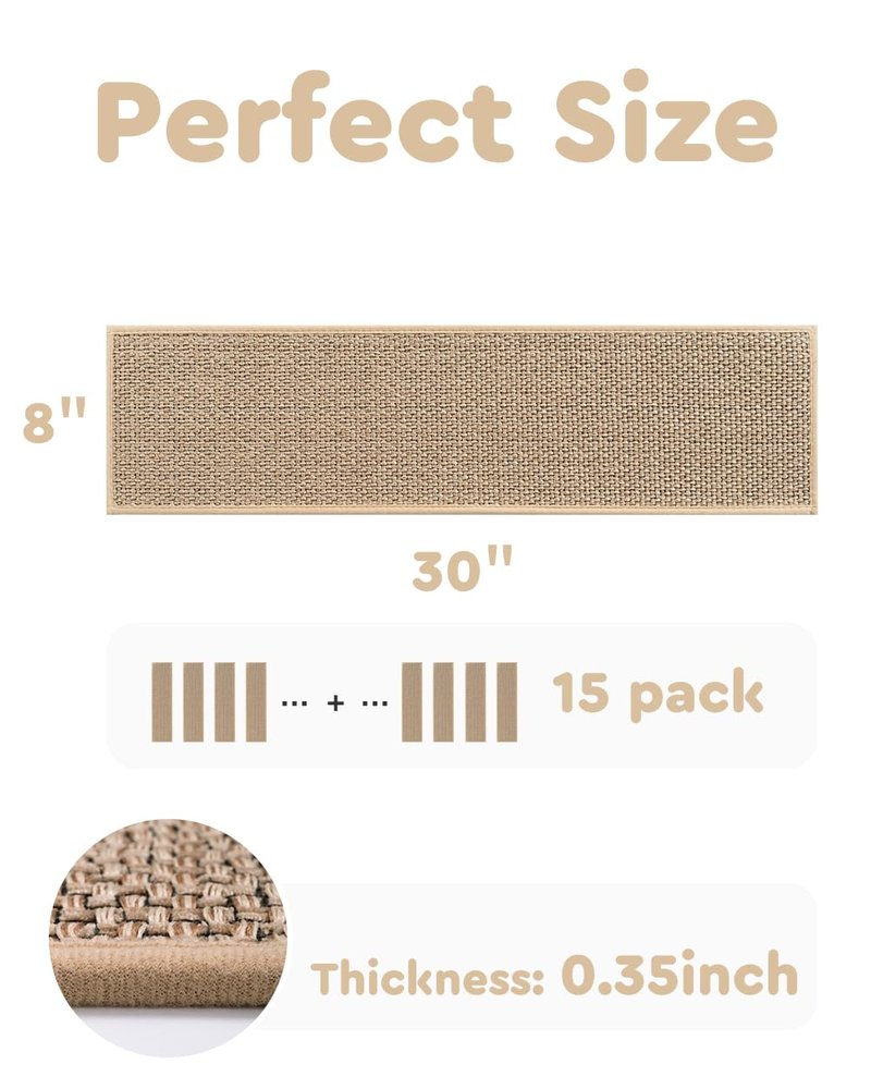 PADOOR Non Slip Stair-Treads,Rubber Backing Stair-Runners for Wooden Steps,15PCS Residue Free Carpet Stair Treads for Kids and Dogs 8"x30" Beige