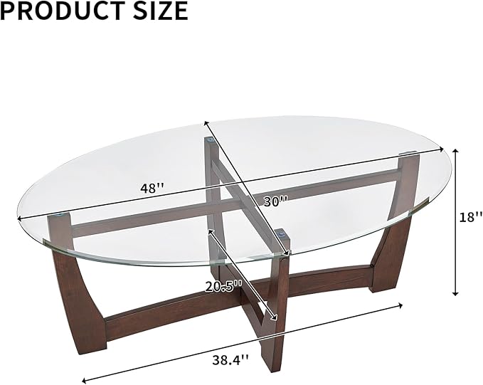 LKTART 48" Oval Glass Coffee Table with Tempered Glass Top Cross and Solid Wood Base Simple & Modern Center Table for Living Room Office Apartment Cherry