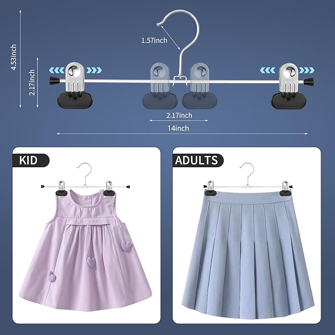 14Inch Pants Hangers with Wide Clips 50 Pack Adjustable Skirt Hangers for Women Non-Slip Clothes Hanger for Pants Heavy Duty Space Saving Trousers Hanger for Jeans,Shorts Black