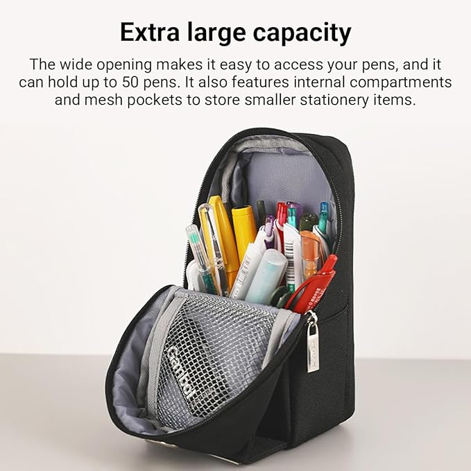 KOKUYO Pencil Case Pouch, Standing Pen Pouch Bag, Foldable Magnetic Stand up Phone Pencil Holder Organizer, Large Capacity Portable Pencil Box for School Office Supplies. (Mag Critz Neo - Black)