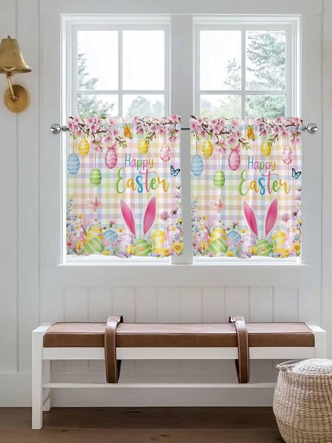 Happy Easter Half Window Curtain 36 Inches Long, Spring Bunny Colorful Eggs