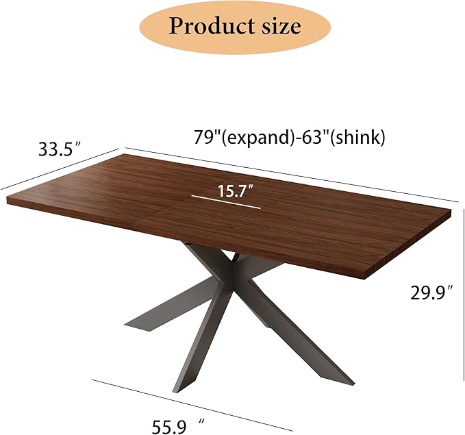 ZckyCine Expandable Dining Table Set for 6-8 People, Modern Rectangular Kitchen Table, 63"-79" Extendable, Walnut Finish, Metal Frame, 6 PU Leather Cushioned Chairs, Easy Assembly