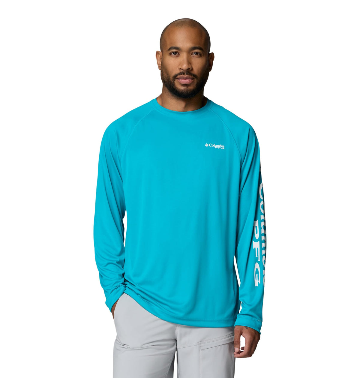 Columbia Men's PFG Terminal Tackle Long Sleeve Fishing Shirt, Ocean Teal/White Logo, Medium