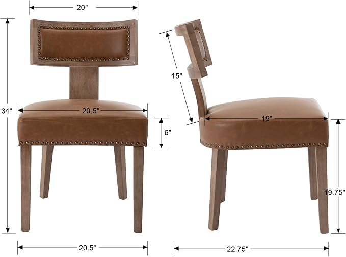 Mid Century Modern Dining Chairs Set of 2 PU Leather Upholstered Kitchen Side Chairs with Nailhead Trim, Modern Kitchen Armless Solid Wood Dining Chairs, Brown