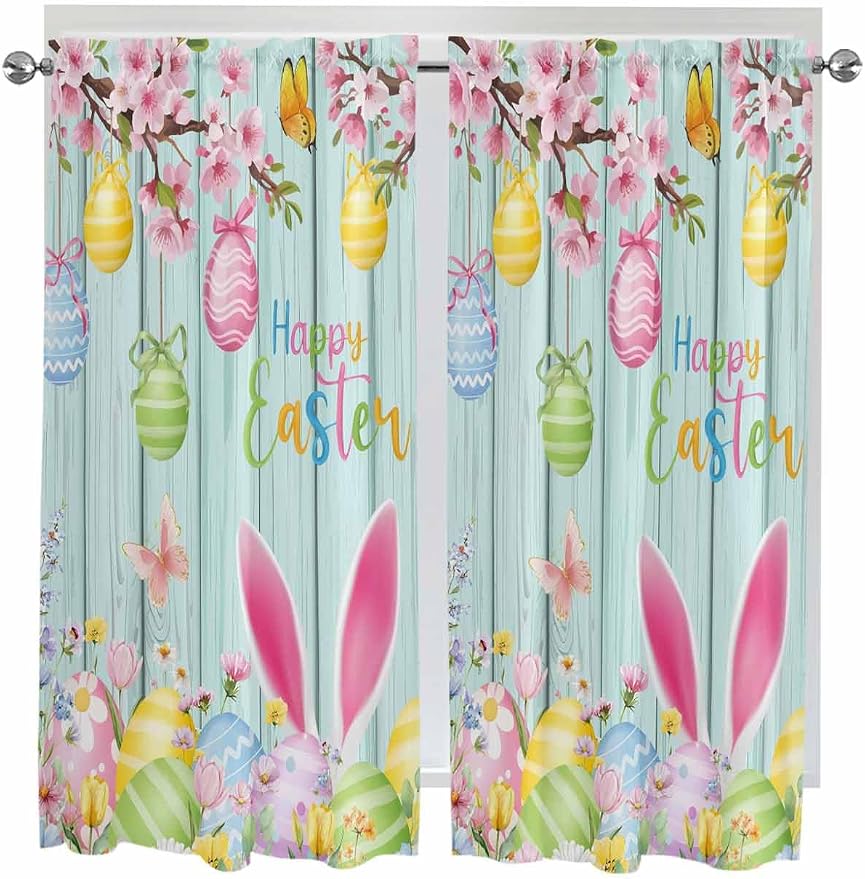 Happy Easter Bedroom Curtains 63 Inches length, Spring Bunny Eggs Flower Teal