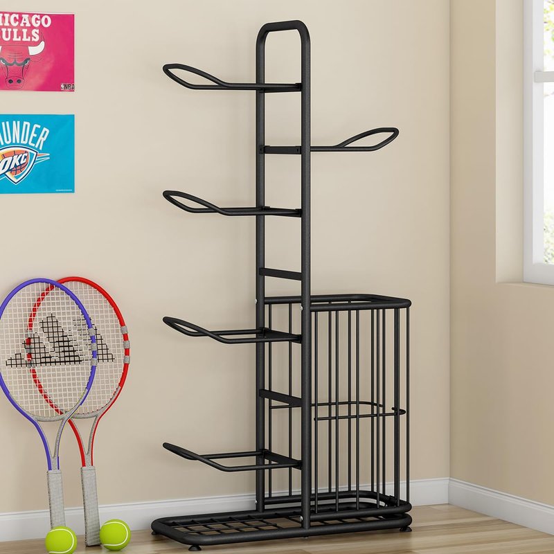 MLUPODY Sports Ball Storage Rack | Adjustable Vertical Stand for Basketball, Soccer, Volleyball & More | Durable Steel Organizer for Garage |5-Ball |45.7 inches, black