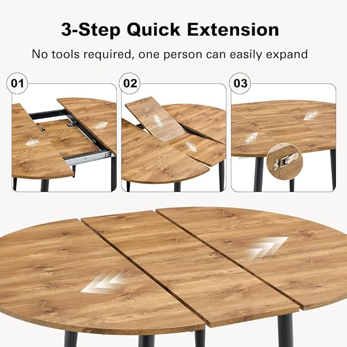 42" Round Dining Table for 4, 54" Oval Dining Table for 6, Extendable Kitchen & Dining Room Table with Metal Legs, Modern Rustic Space-Saving Adjustable Shape Dinner Table, Easy Assembly,White