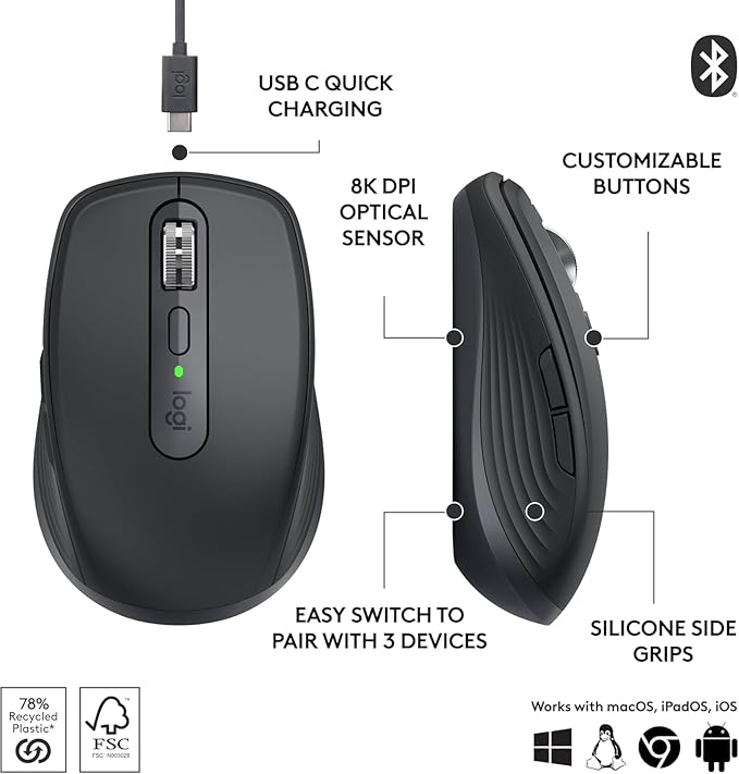 Logitech MX Anywhere 3S Compact Wireless Mouse, Fast Scrolling, 8K DPI Any-Surface Tracking, Quiet Clicks, Programmable Buttons, USB C, Bluetooth, Windows PC, Linux, Chrome, Mac - Black (Renewed)