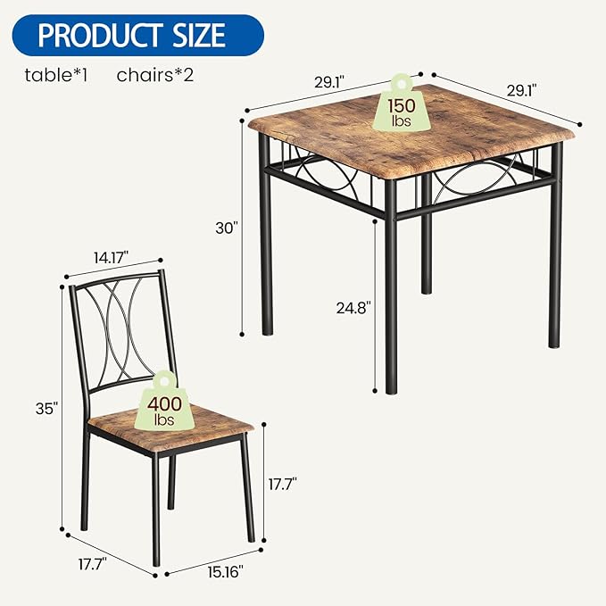 IDEALHOUSE Dining Table Set for 2, Kitchen Table and Chairs for 2, Rectangular Dining Room Table Set, 3-Piece Wood Dining Table Set for Apartment, Small Space, Space Saving, Retro Brown