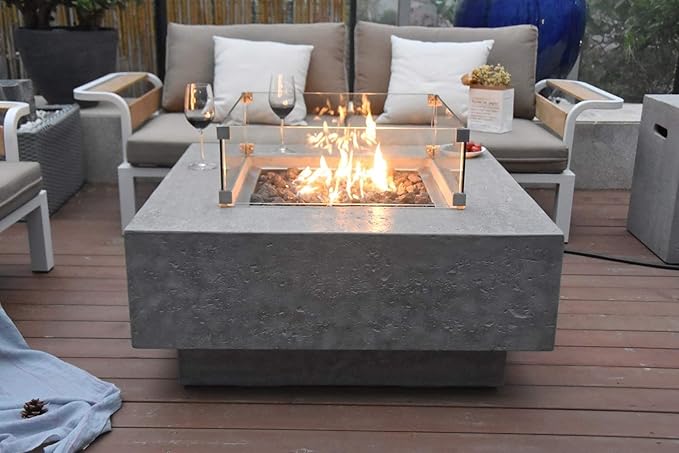 Elementi | Manhattan Gas Fire Pit Cast Concrete 36" Square Fire Table, Outdoor Fire Pit Electronic Ignition | Canvas Cover, Lava Rock Included | Light Gray (Propane Gas)