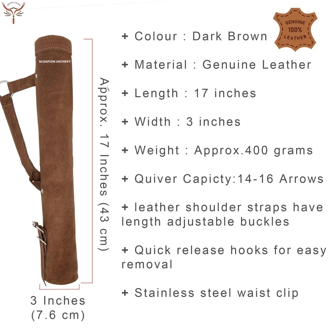 SCORPION ARCHERY Traditional Shoulder Back Quiver Bow Arrow Holder Handmade Straps Belt Adjustable Lightweight & Comfortable Cow Leather Gift for him Aniversary Gift (Suede Brown)