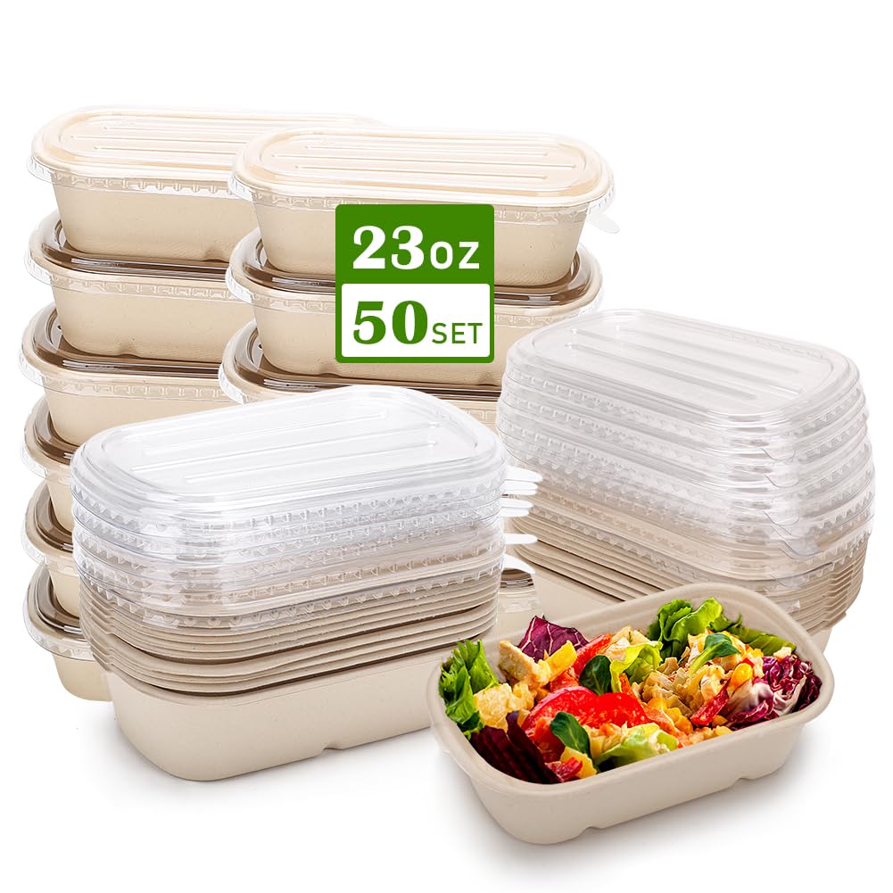 100 Pack 23 Oz Disposable Meal Prep Containers with Lids, Rectangle Paper Bowls with Lids for Salad,Leftovers, Leak-proof To Go Food Box Cardboard Lunch Box Compostable Take Out Food Containers