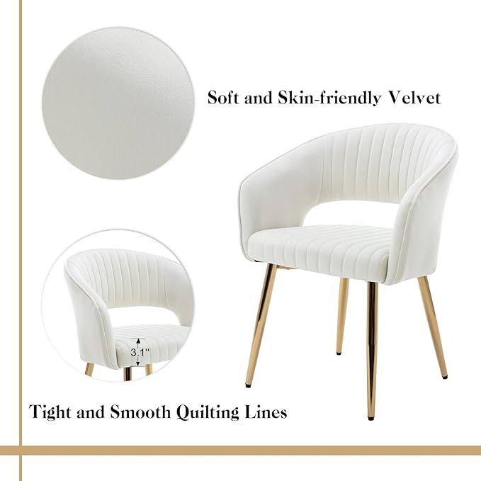 Modern Velvet Dining Chairs Set of 6, Upholstered Gold Dining Room Chairs with Hollow Back, Accent Armrest Kitchen Chairs with Gold Legs for Living Room Reception Beige